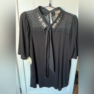 Misia Black Rhinestone RibbonTie Collar Top NWT